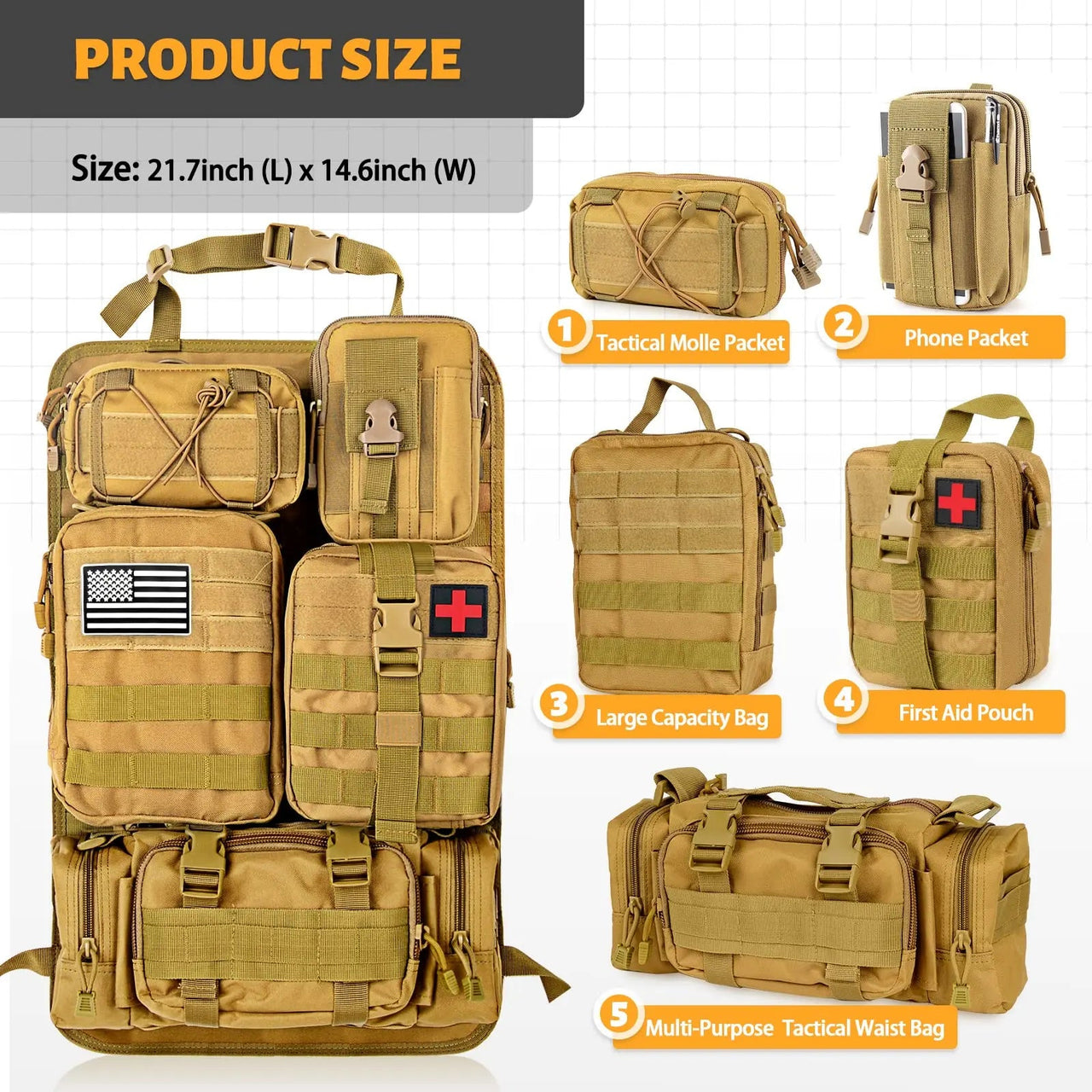 Tactical Backseat Car Organizer + 5 Molle Pouches - Military Overstock